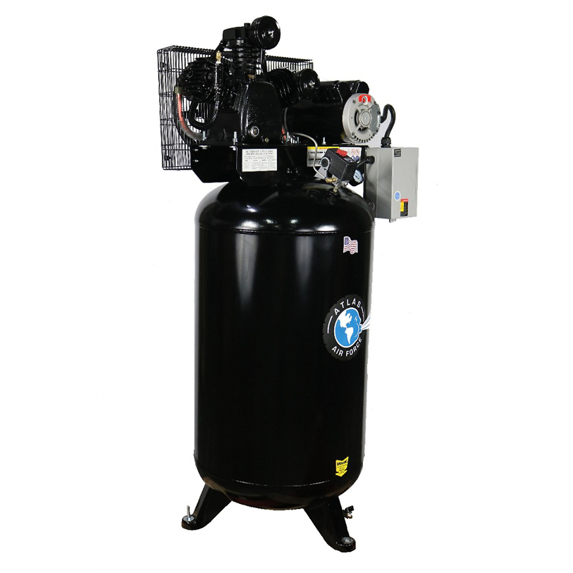 Atlas Automotive Equipment AF7 Vertical 80 Gallon Air Compressor with Mag Starter, 3 Cylinder, 2-Stage Pump, 5hp Running Motor, 90-175 PSI, 220V Single Phase, 1/2" NPT Air Outlet, Made in USA